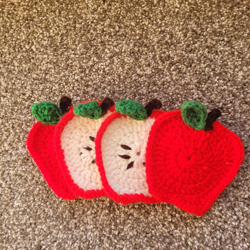 Red Apple Crochet Coasters - Set Of 4 - Picture 3 of 3
